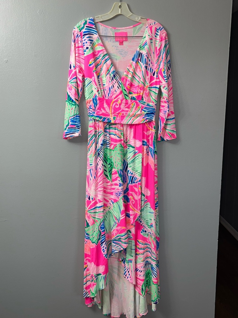 Lilly Pulitzer Montague Wrap Maxi Dress in the "Raz Berry Sunset Soiree" print. - Picture 3 of 9